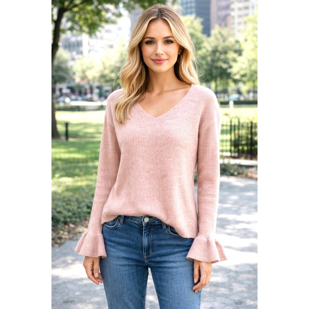 NWT Vero Moda Simone Heathered V-Neck Flounce Sleeve Sweater Size XS‎ Pink Cozy